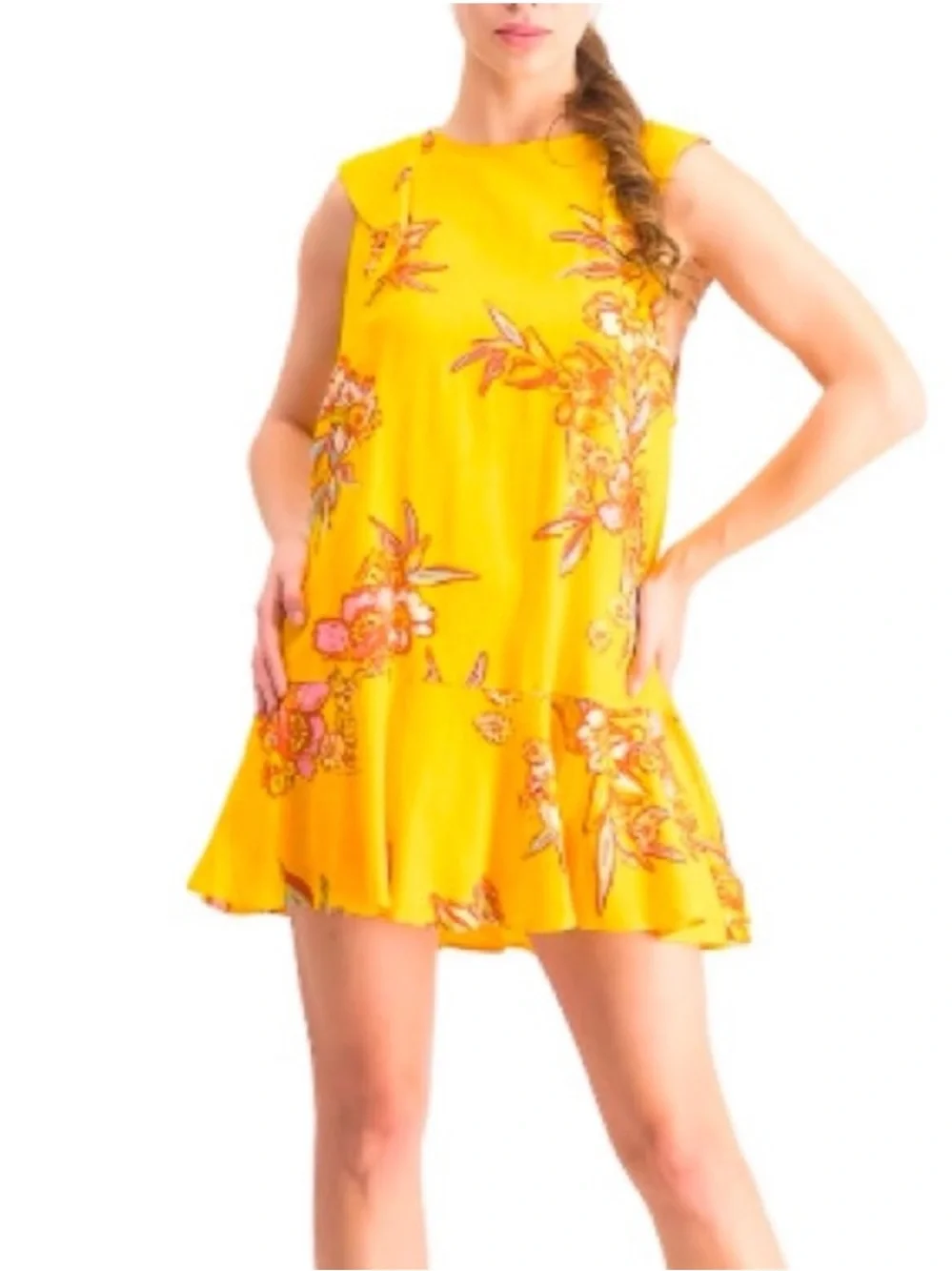 Free People Bright Yellow Floral Ruffle-Hem Mini Dress